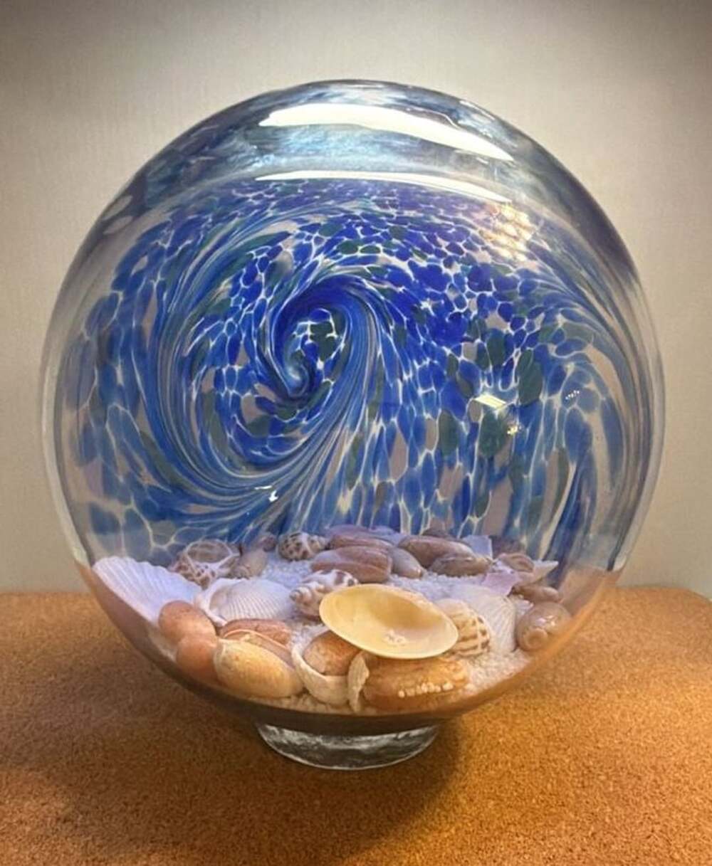 Handmade Art Glass Beach Shells Globe Decor Blue Swirl